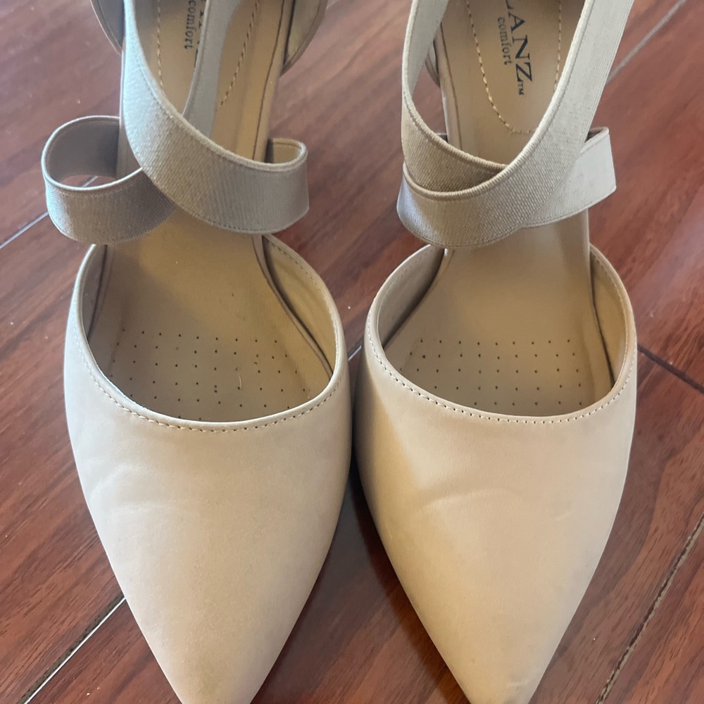 Cream Pointed Toe Heels with Ankle Strap